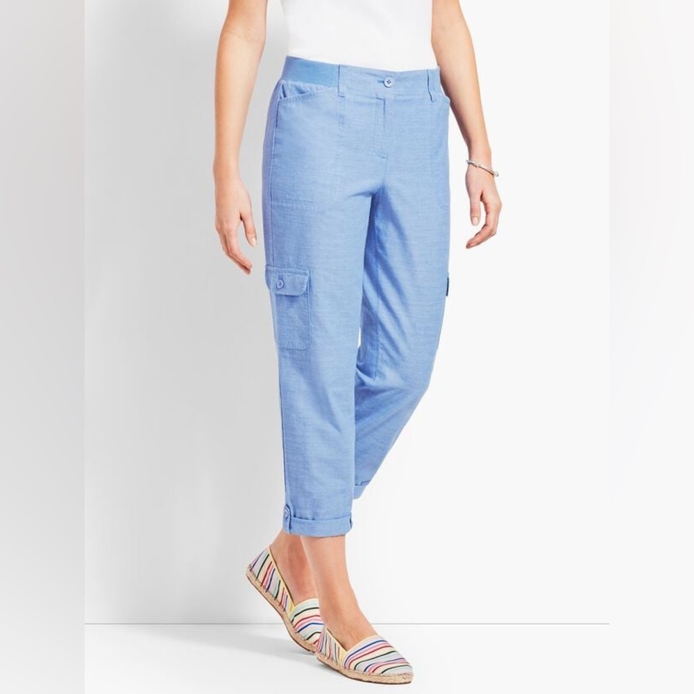 Talbots Blue Chambray 100% Cotton Cargo Cropped Capri Pants Womens size 6 petite